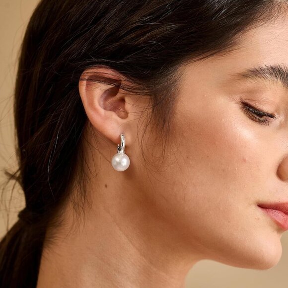 925 Sterling Silver Dainty Freshwater Pearl Small Hoop Drop Dangle  Earrings - Picture 4 of 9